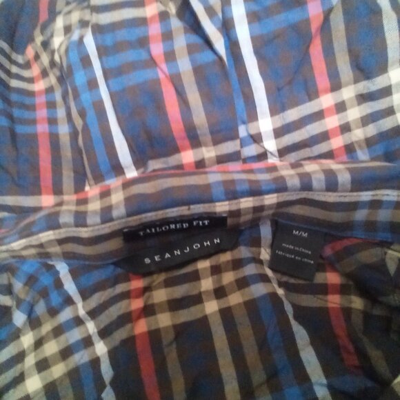 Sean John Button Up Shirt M Tailored Fit Long Sleeve Pockets Plaid - Picture 9 of 10